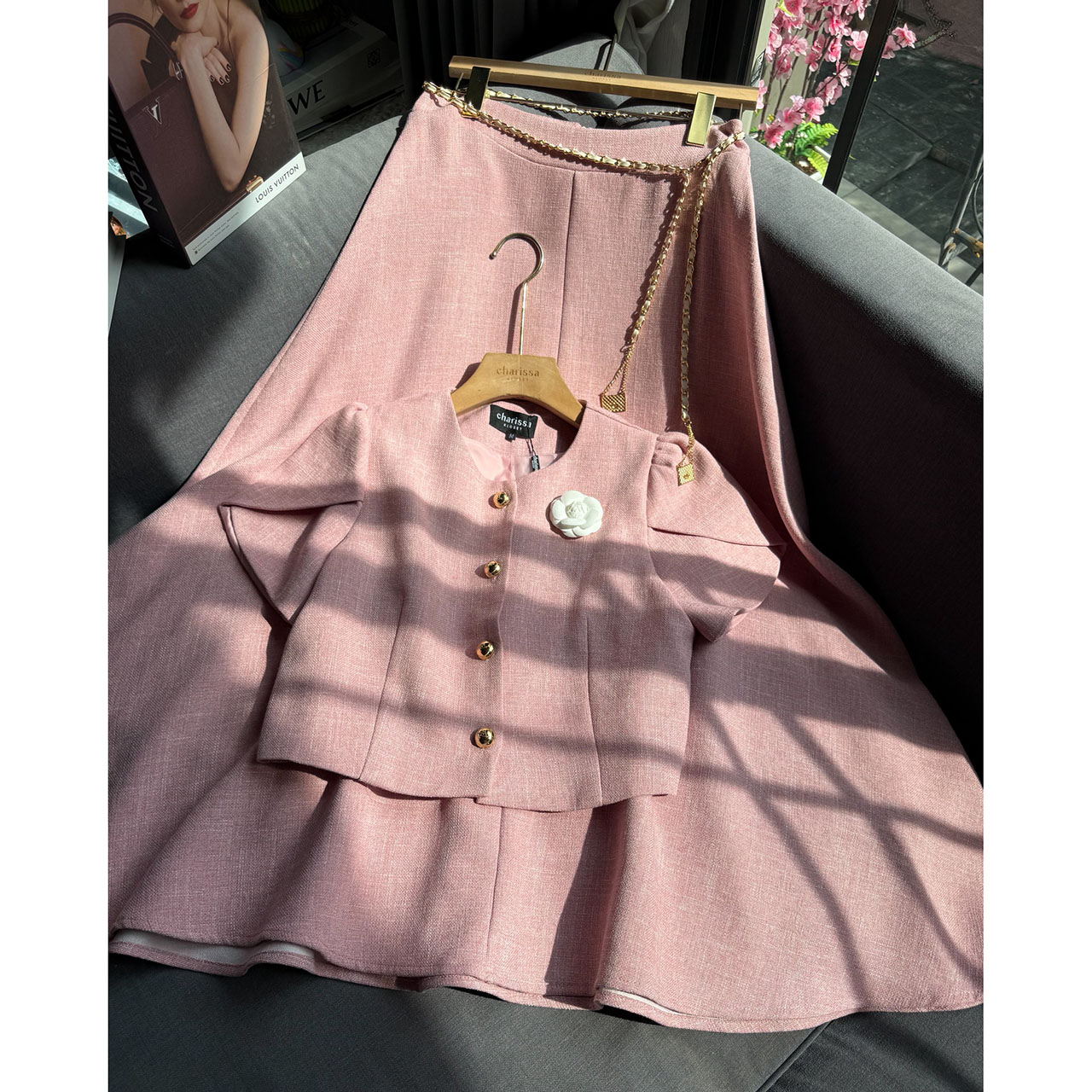 kudapy เซ็ทเสื้อแขนตุ้กตา เสื้อ กระโปรงเอวสูง เข็มกลัดดอกไม้ เข็มขัดโซ่