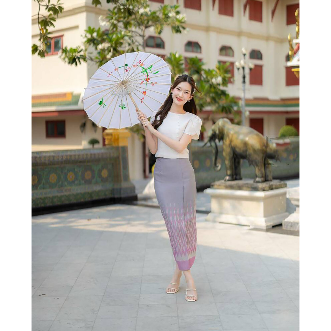 kudapy เซ็ทลิซ่าผ้าถุงลายไทยสีเทา/สีชมพู ใส่ออกงาน ใส่ไปวัด งานบุญ สวยดูดี