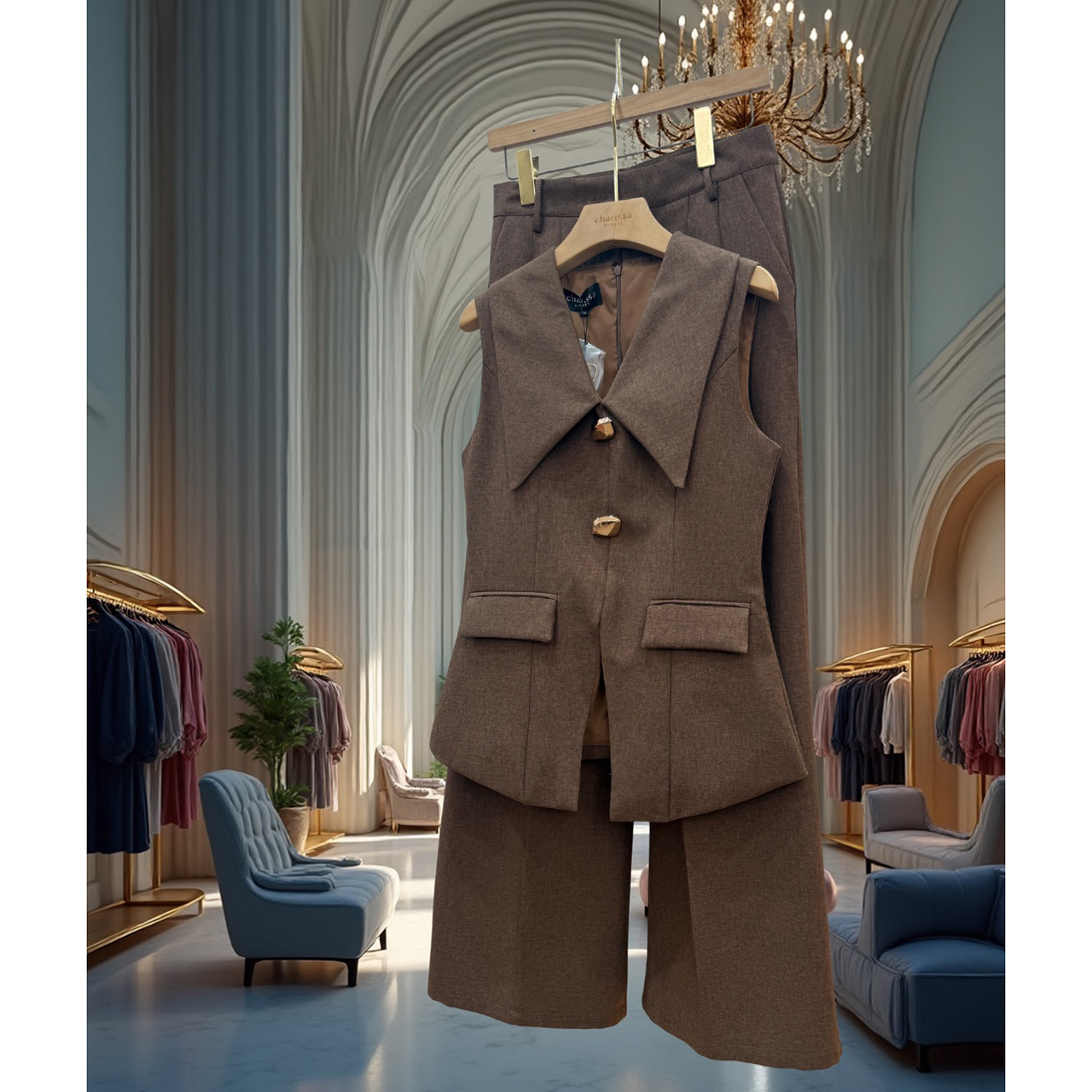 kudapy เซ็ตสุดหรูดูแพง ดีไซน์เรียบแต่แฝงความสง่างาม เหมาะสำหรับใส่ทำงาน ไดีไซน์เสื้อ ทรงเบลเซอร์แขนกุด ปกคอขนาดใหญ่เพิ่มมิต