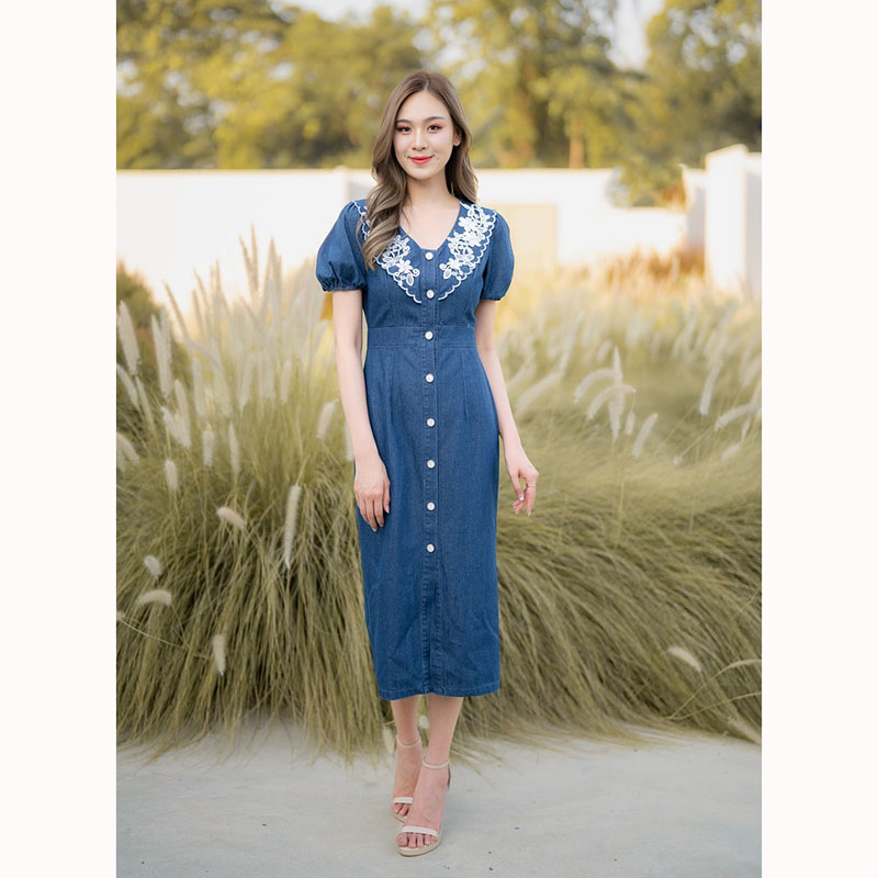 kudapy เดรสยีนส์ยาวสีกรม/สีฟ้า คอปกแต่งลูกไม้ กระดุมหน้า ใส่สบายสวยดูดี