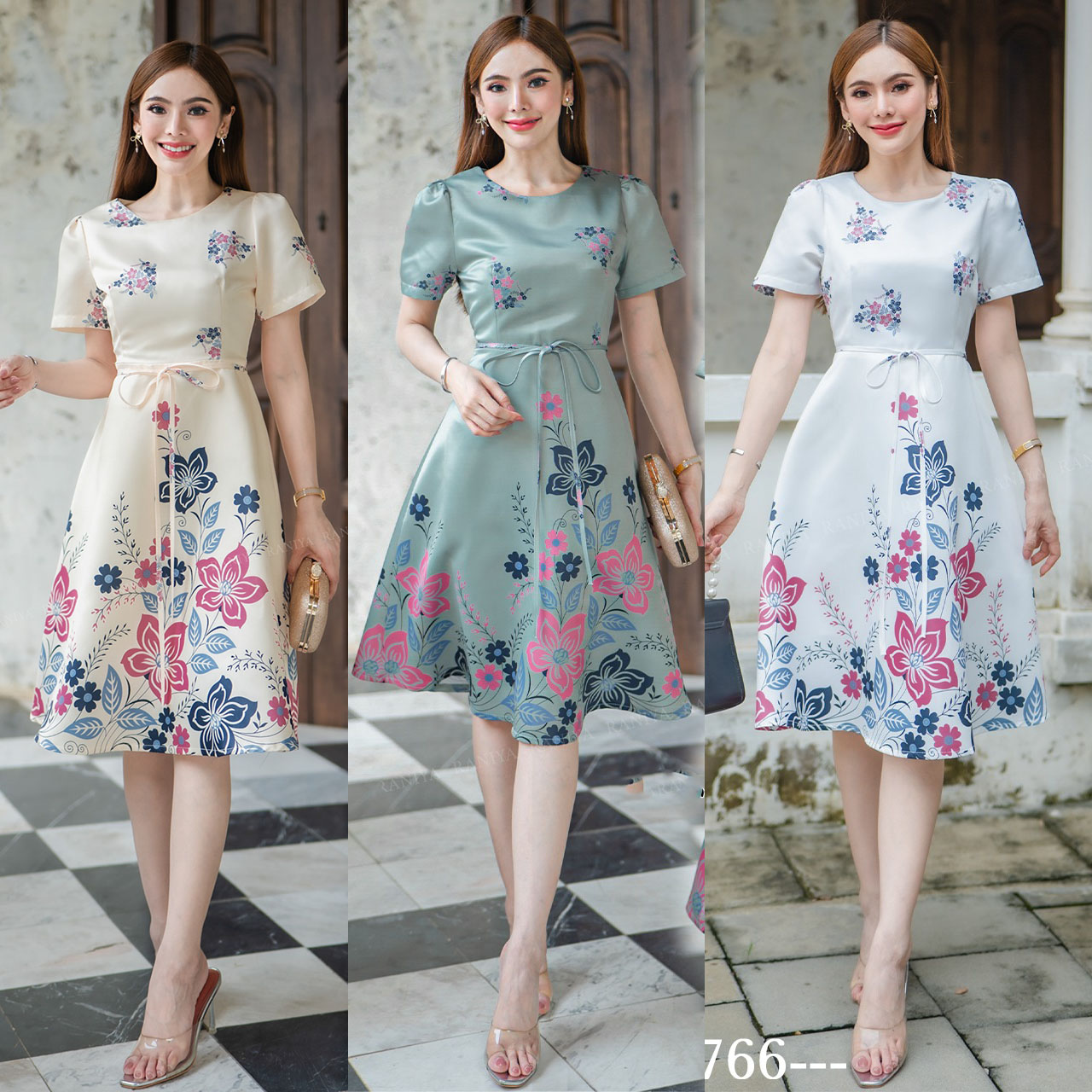 kudapy เดรสสั้นสีเขียว/สีขาว/สีครีม ผ้าSatin silk แขนสั้น เนื้อบางไม่หนา งานปริ้นลายดอก