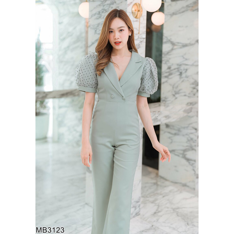 kudapy จั้มสูทขายาวสีเขียว/สีชมพู แขนตุ๊กตาลายจุด ผ้าสวยใส่สบายดูดี