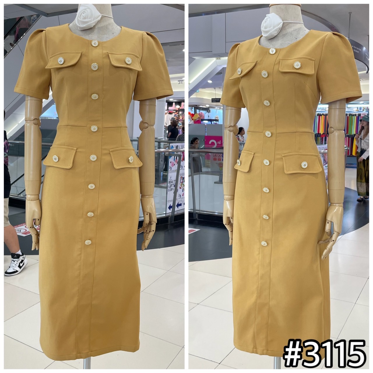 kudapy เดรสสั้นออกงาน เดรสแขนสั้น คอกลม แต่งกระดุมมุกทอง เดรสผ้าวูล ผ้าหนา