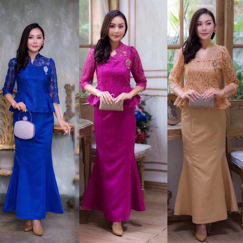 kudapy ชุด set เสื้อลูกไม้ใยบวบผสมเลื่อมเกรดพรีเมี่ยมสีน้ำเงิน/สีม่วงบานเย็น/สีทอง ซิปหลัง มาพร้อมกับกระหางปลางานผ้าซาติน มีซับทั้งเสื้อและกระโปรง