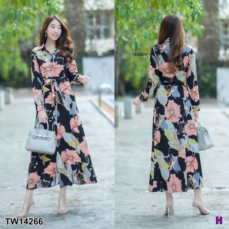 kudapy เดรสเชิ้ตยาวสีขาว/สีดำ/สีครีม แขนยาว ติดกระดุมด้านหน้า มีโบว์ผูกเอวปรับระดับได้ ผ้า100D พิมพ์ลายดอกใหญ่