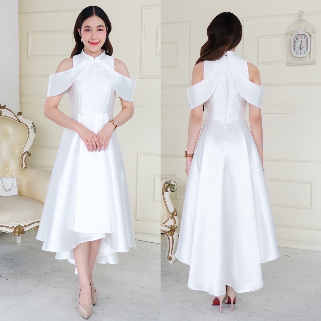 kudapy เดรสหน้าสั้นหลังยาวสีทอง/สีขาว/สีโรสโกล/สีแดง คอจีนสุดชิค ดีเทลป้ายไขว้พรางต้นแขน ซิปหลัง กระดุมหลังคอ กระโปรงทรงหน้าสั้นหลังยาว