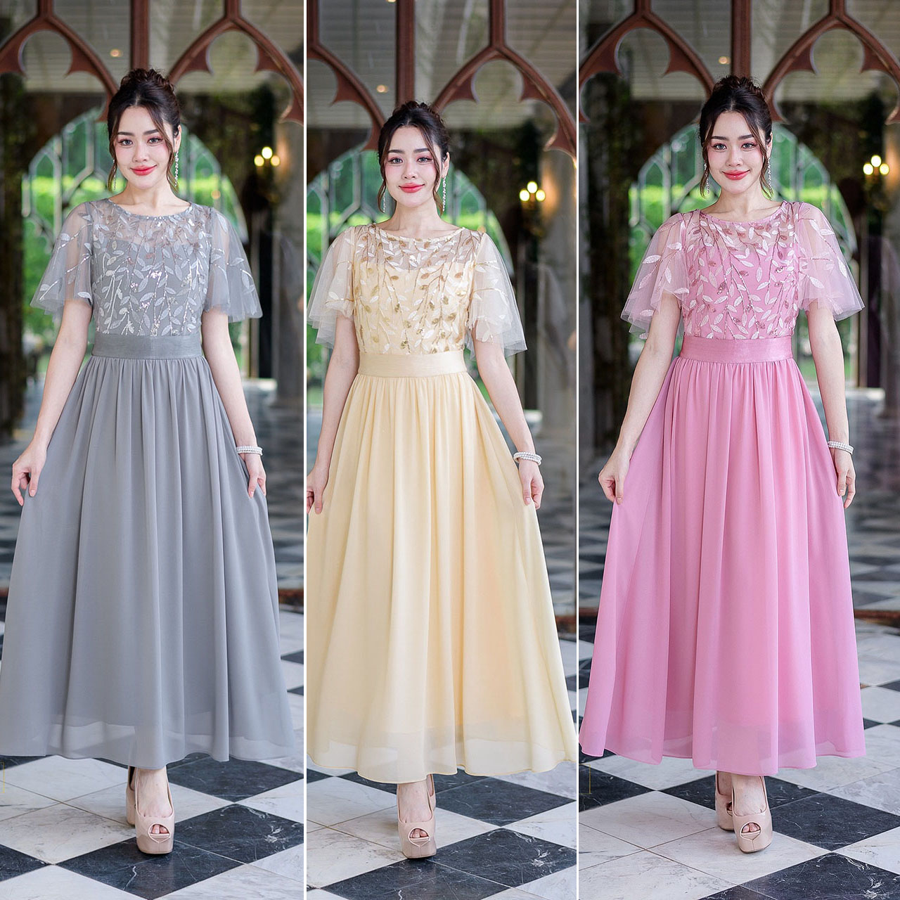 kudapy เดรสยาวสีเทา/สีชมพู/สีเหลือง ผ้าพริ้วสวยความยาวคลุมข้อเท้า ช่วงตัวเป็นงานลูกไม้ปักลายใบไม้แต่งเลื่อมเลื้อยสวยงาม แขนระบายใส่สวยตามรูป