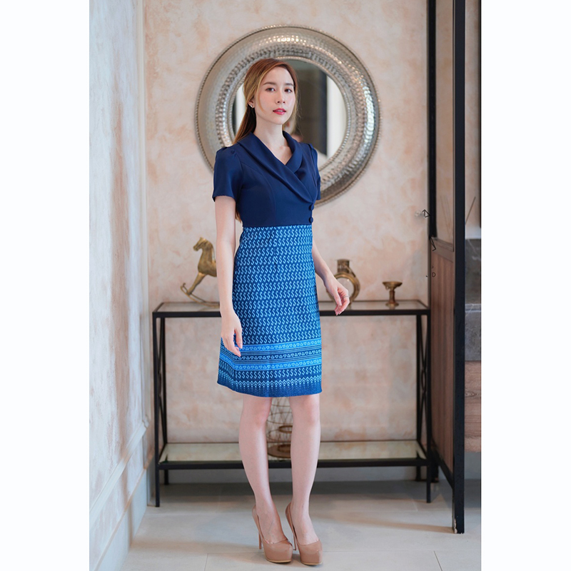 kudapy เดรสสั้นสีชมพู/สีกรม/สีม่วง คอปกสูทลายไทยใส่ออกงานวยดูดีมากๆ