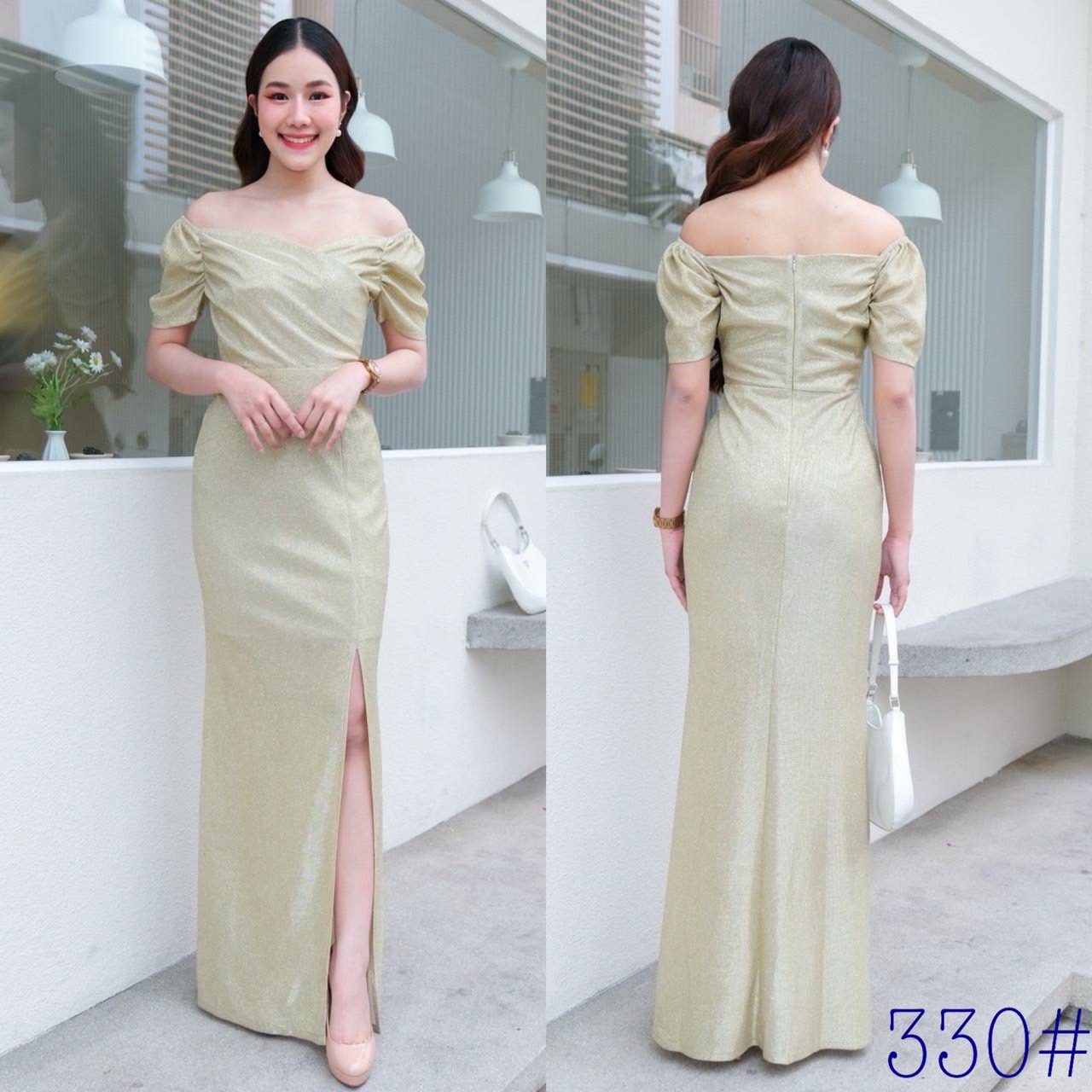 kudapy เดรสยาวสีชมพู/สีเงิน/สีทอง แขนสั้นจีบทิวลิป เปิดบ่า แขนสั้นคอเหลี่ยม กระโปรงหางปลาผ่าหน้า