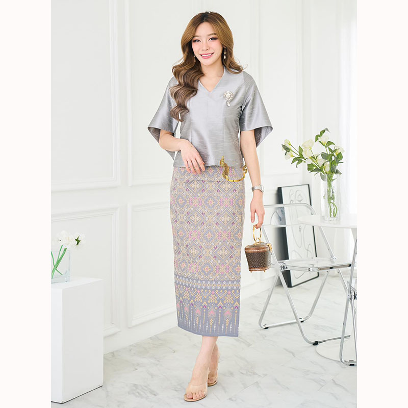kudapy ชุดเซ็ทเสื้อผ้าไหมแพรทิพย์ สีเทา+ผ้าถุงผ้าฝ้ายทอลายแพรวากาฬสินธุ์