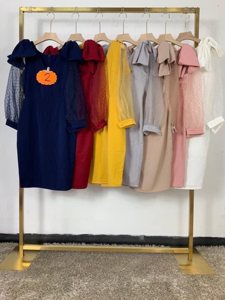 kudapy เดรสสั้นแต่งโบว์ไหล่คู่ สีชมพู, กรมท่า, แดงเลือดหมู, ไวน์แดง, เทา, ขาว ,โอวัลติน แขนแต่งผ้าชีฟองลายจุดๆ ผ้าฮานาโกะผ้ายืดเนื้อดีทิ้งตัว