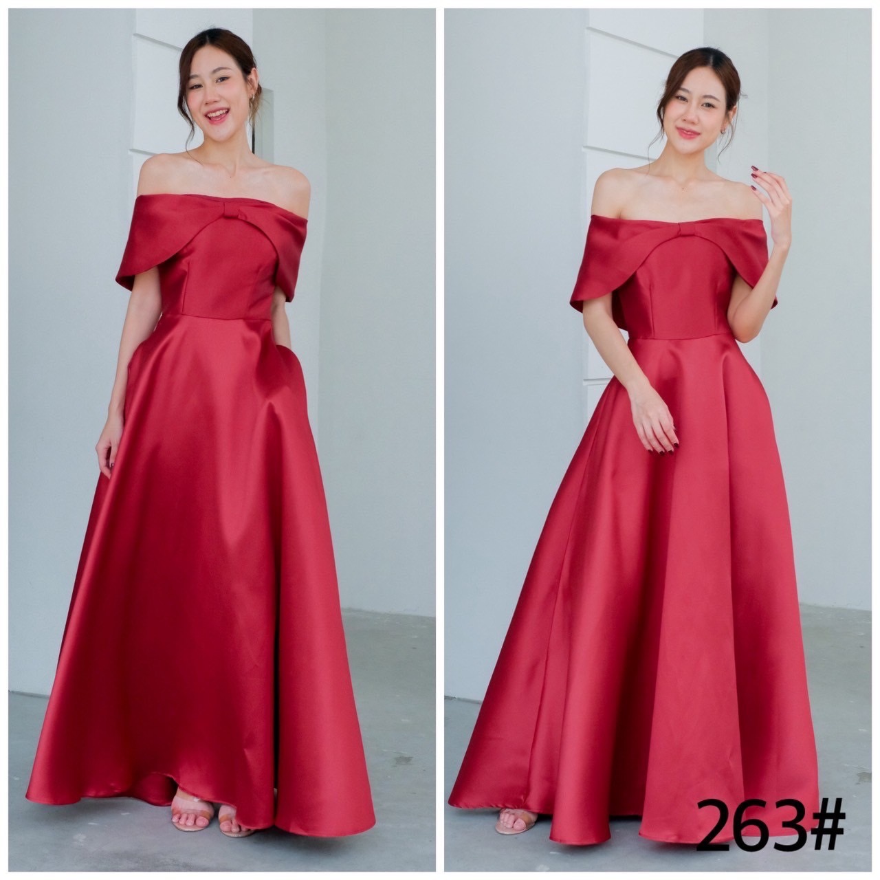 kudapy Maxi เดรสยาว เจ้าหญิง เปิดบ่า ดีเทลอกโบว์ใหญ่ กระโปรงบาน ลุคหวานๆ พรางแขน โชว์เอวสับๆ