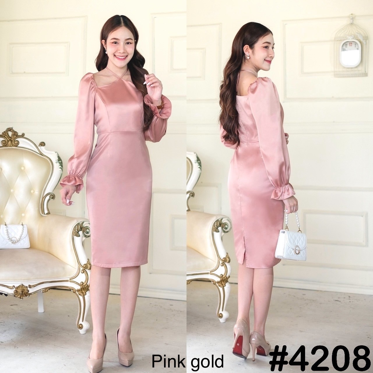 kudapy เดรสอกสามเหลี่ยม ดีเทลเชือกผูกหลังคอ แขนตุ๊กตายาว ปลายแขนแต่งระบาย