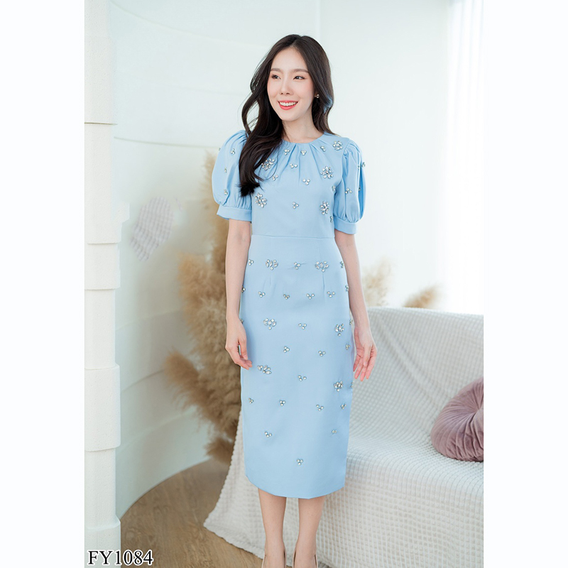 kudapy เดรสยาวสีขาว/สีฟ้า/สีชมพู แขนตุ๊กตาประดับเพชร