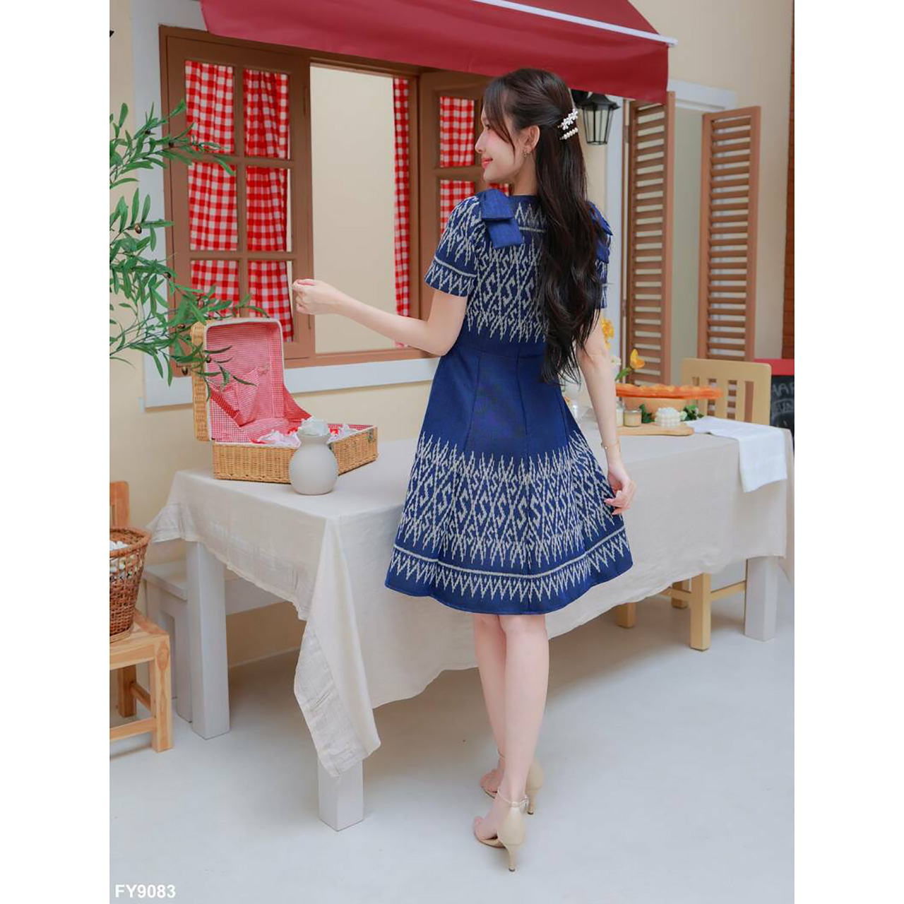 kudapy เดรสผ้าไทยกระโปรงบานแต่งโบว์ไหล่