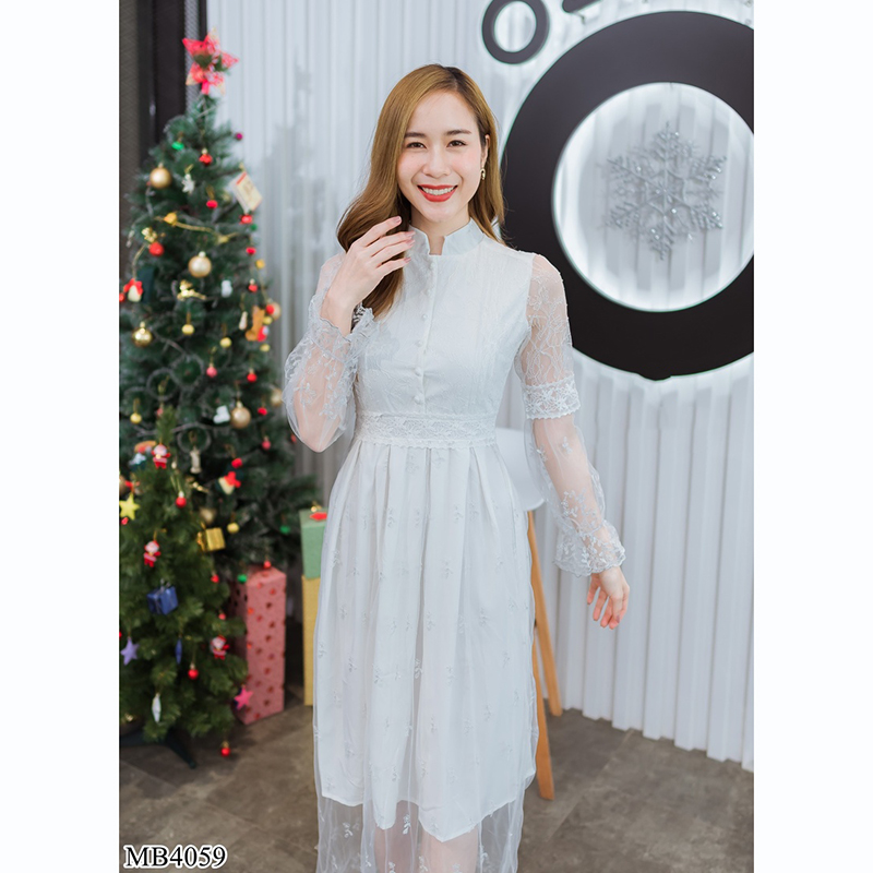 kudapy เดรสยาวสีแดง/สีชมพู/สีขาว คอจีนแขนลูกไม้ซีทรู สวยดูดีน่าารัก