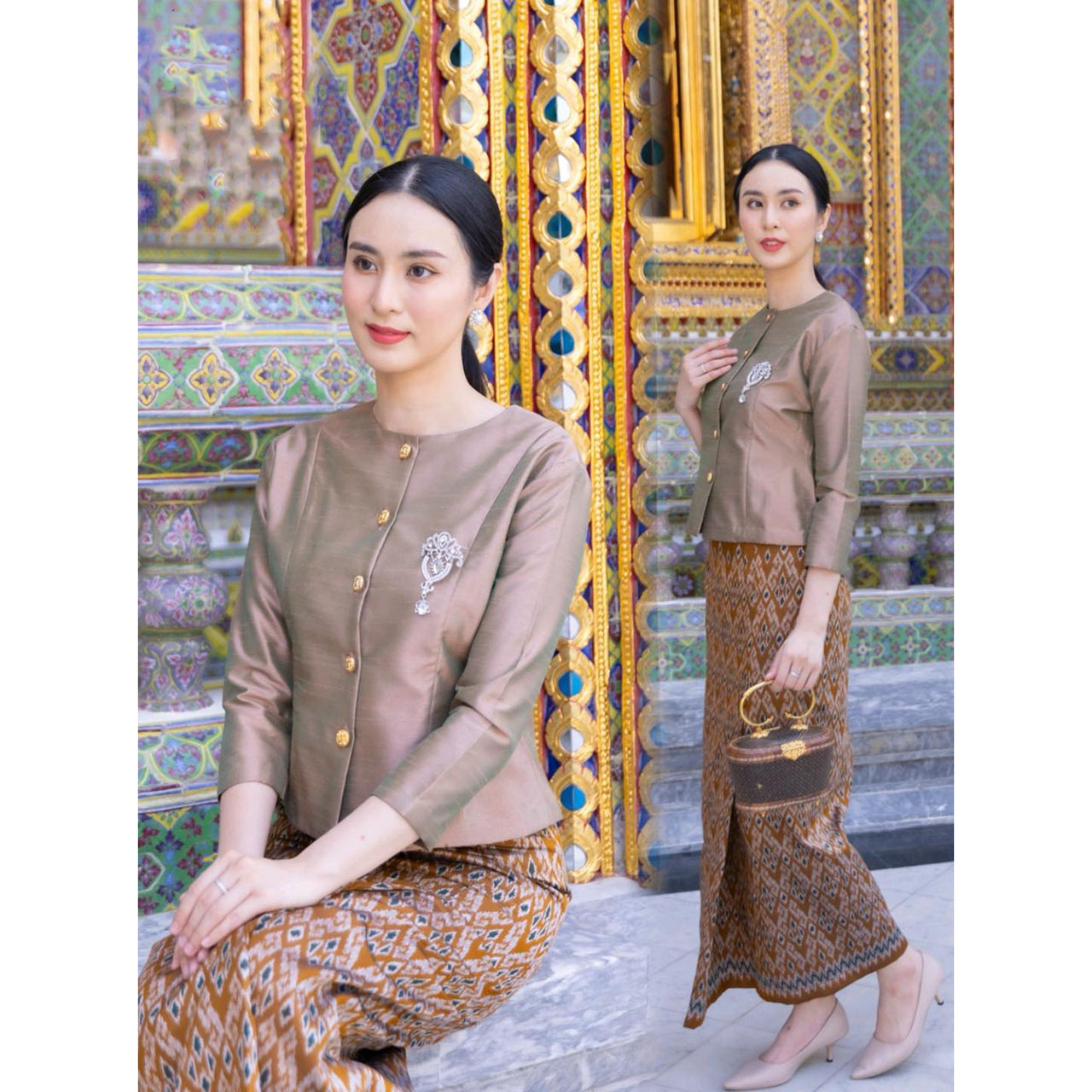 kudapy ชุดเซ็ท เสื้อผ้าไหมแพรทิพย์เกรดพรีเมี่ยมอัดกาว กระดุมทอง+ผ้าถุงเย็บสำเร็จทอลายอัดกาว ตะขอซิปหลัง