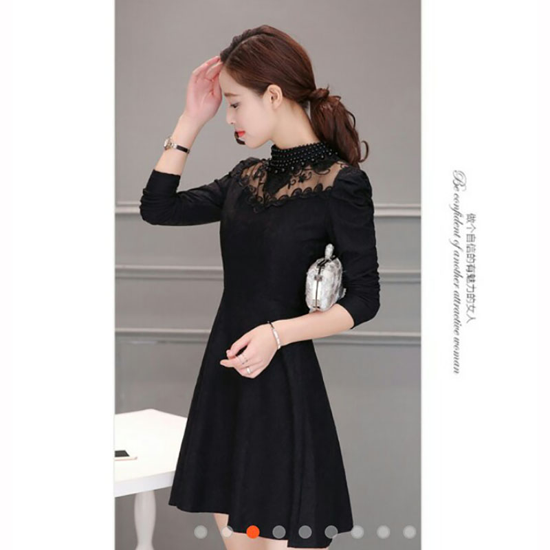 kudapy เดรสสั้นสสีดำ ลูกไม้เนื้อหนา แขนยาว เนื้อผ้าลูกไม้ทอลายดอกไม้สวยงานปักหรูหรา