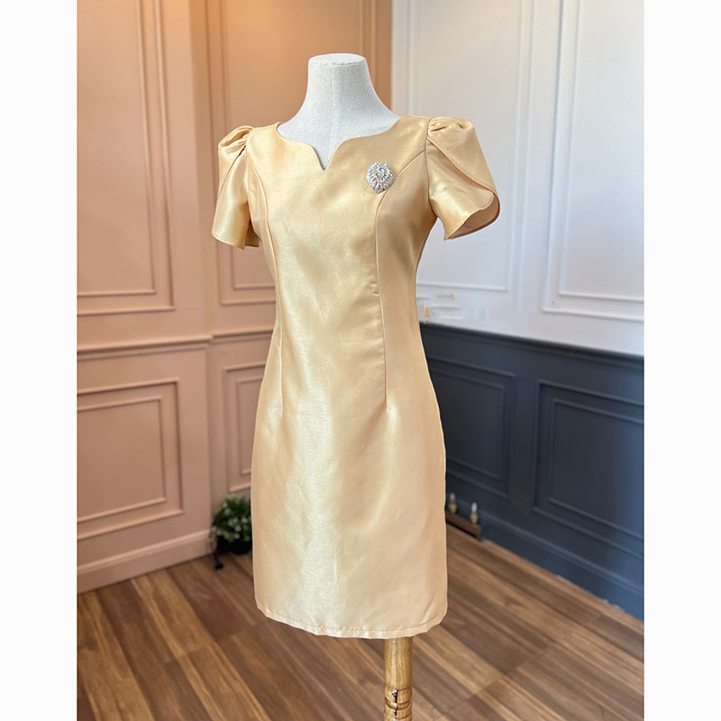 kudapy เดรสสั้นสีเหลืองทอง/สีชมพูอ่อน/สีชมพูเข้ม ผ้าไหม ชุดออกงานสวยดูดี ใส่สบาย