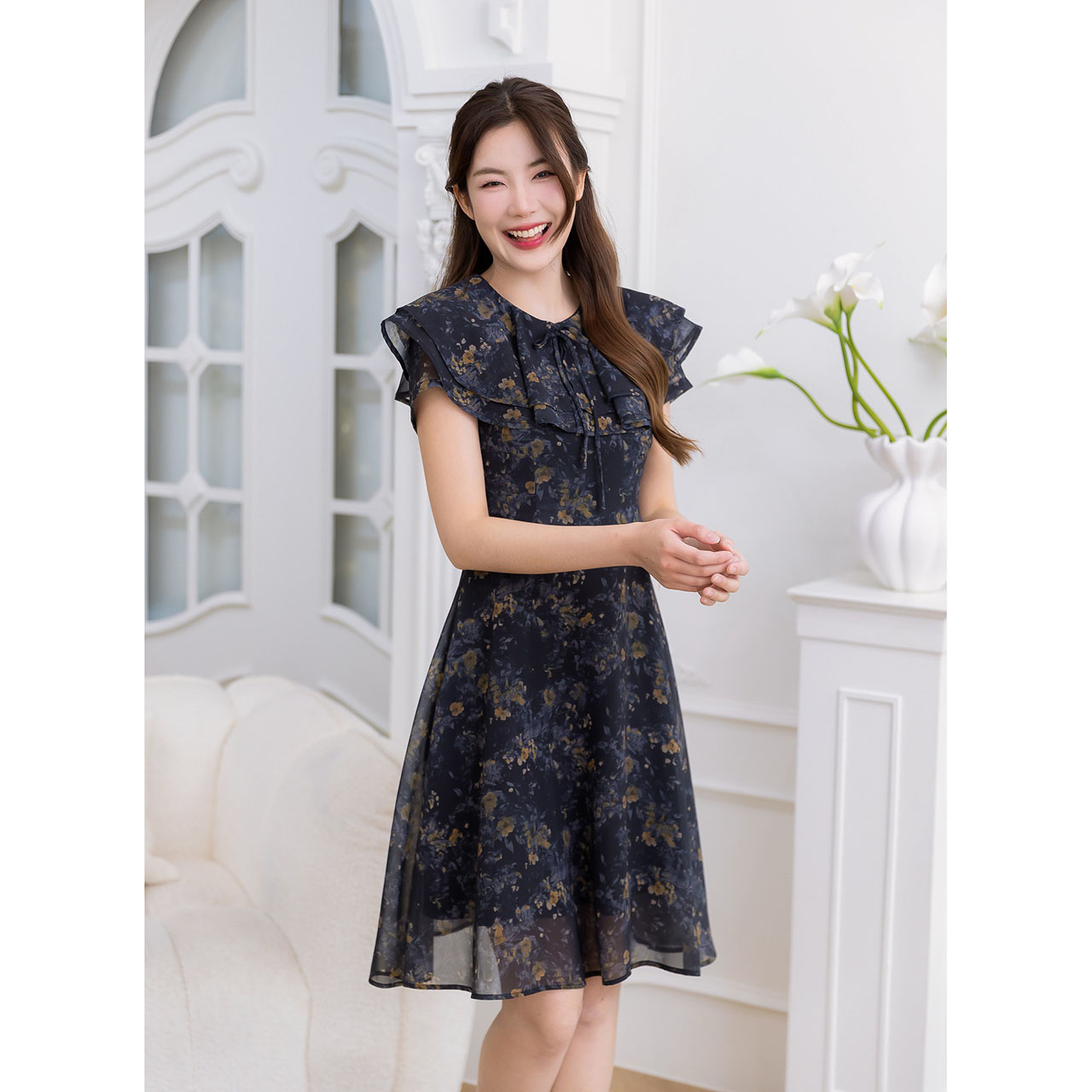 kudapy เดรสชีฟองพิมพ์ลาย มีดีเทลระบายช่วงอกสองชั้นสวยมีวอลุ่ม