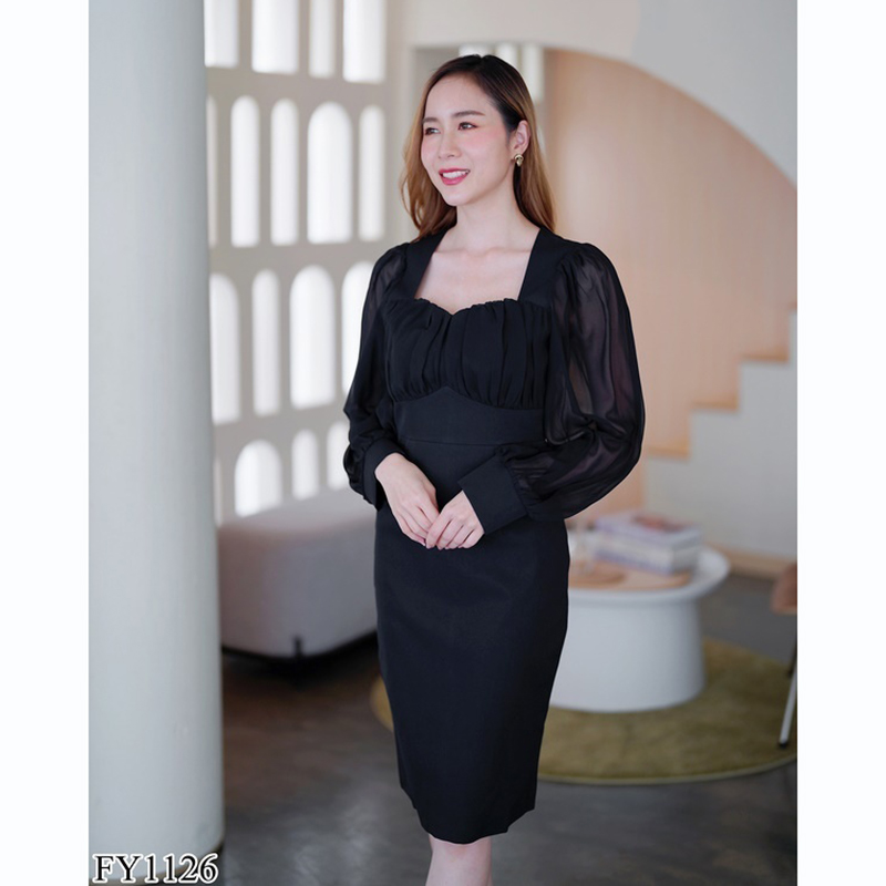 kudapy เดรสสั้นสีชมพู/สีดำ คอหัวใจแขนยาว ใส่สบายสวยดูดีออกงานสวยสุดๆ