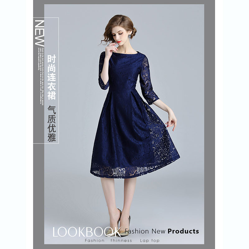 kudapy เดรสสั้นสีน้ำเงินเข้ม ผ้าลูกไม้ คอปาด แขนสามส่วน กระโปรงทรงเอบาน สวยดูดี