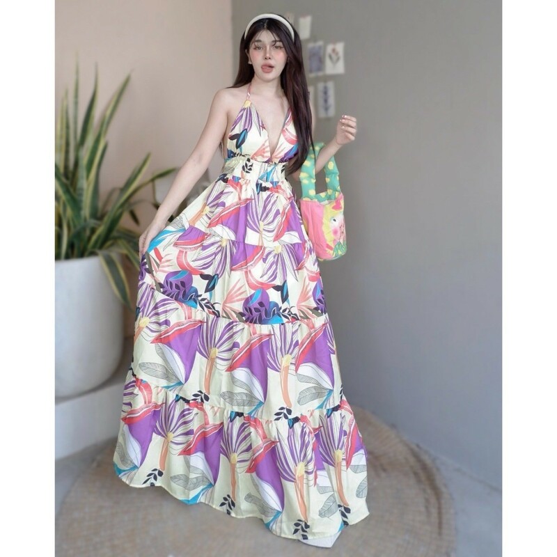 kudapy แม็กซี่เดรสสายเดี่ยวผูกคอยาวสีขาว/สีชมพู/สีเหลือง เนื้อผ้าไหมอิตาลี่ มีเชือกผูกหลัง อกเสริมฟองน้ำ ใส่ไปเที่ยวทะเล