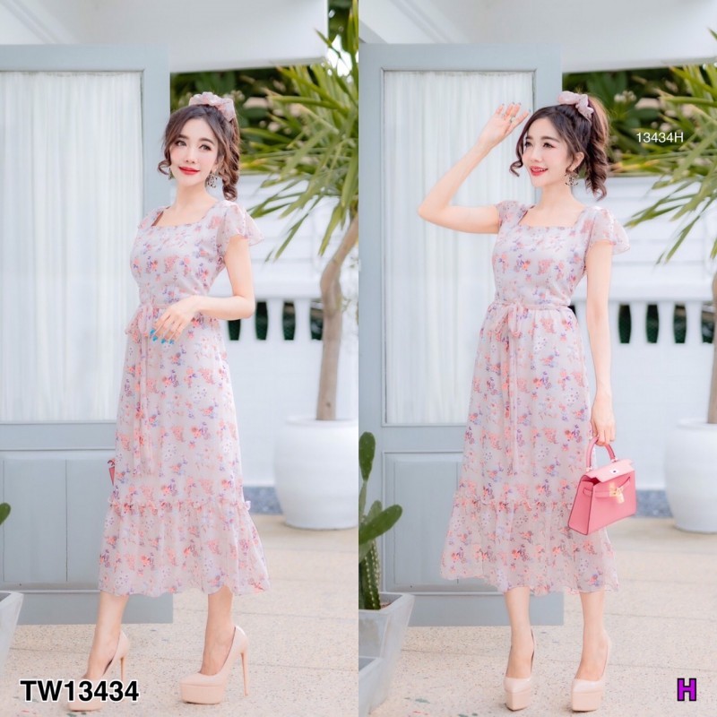 kudapy แม็กซี่เดรสสี ครีม ม่วง เขียว ชายระบาย ผูกโบว์เอว+ยางรัดผม ลายดอก