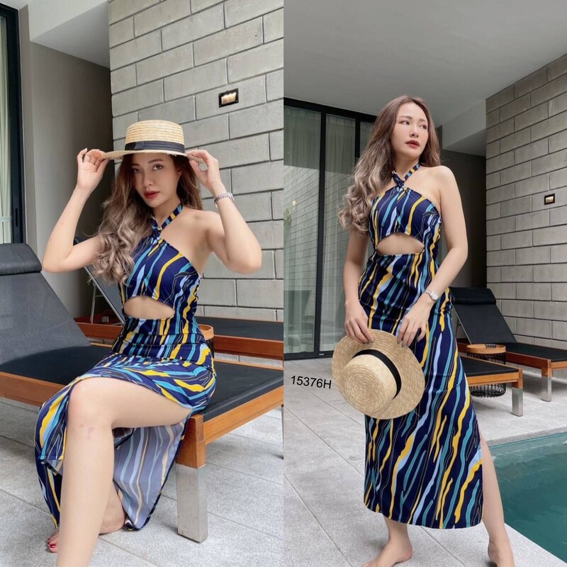 kudapy แม็กซี่เดรสยาวแขนกุดสีขาว/สีกรม ทรงเข้ารูปสายผูกคอเว้าช่วงหน้าท้องเบาๆซิปหลังพิมพ์ลายกราฟฟิก