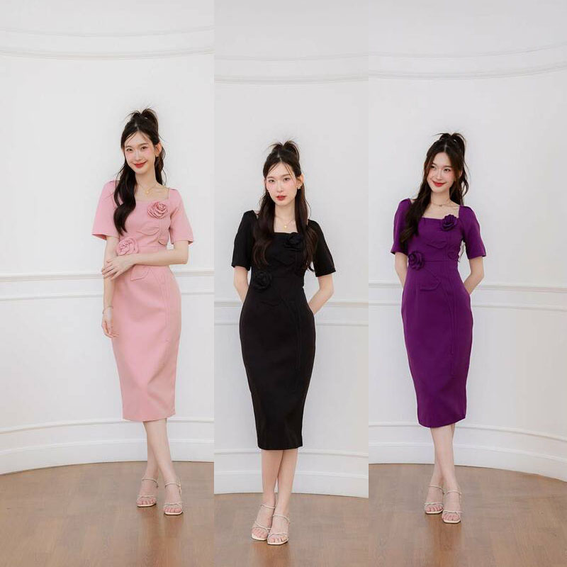 kudapy เดรสสั้นสีดำ/สีชมพู/สีม่วง เดรสยาวคอเหลี่ยมติดดอกไม้ ใส่ออกงาน ใส่ทำงานสวยดูดี