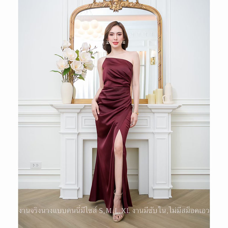 kudapy เดรสยาวสีกรม/สีน้ำตาลอิฐ/สีไวน์แดง/สีชมพูกรีบบัวชุดราตรีพรีเมี่ยมเกรด แต่งไหล่เดียวสายเพชร ใส่ออกงาน หรือยกตีมเพื่อนเจ้าสาว