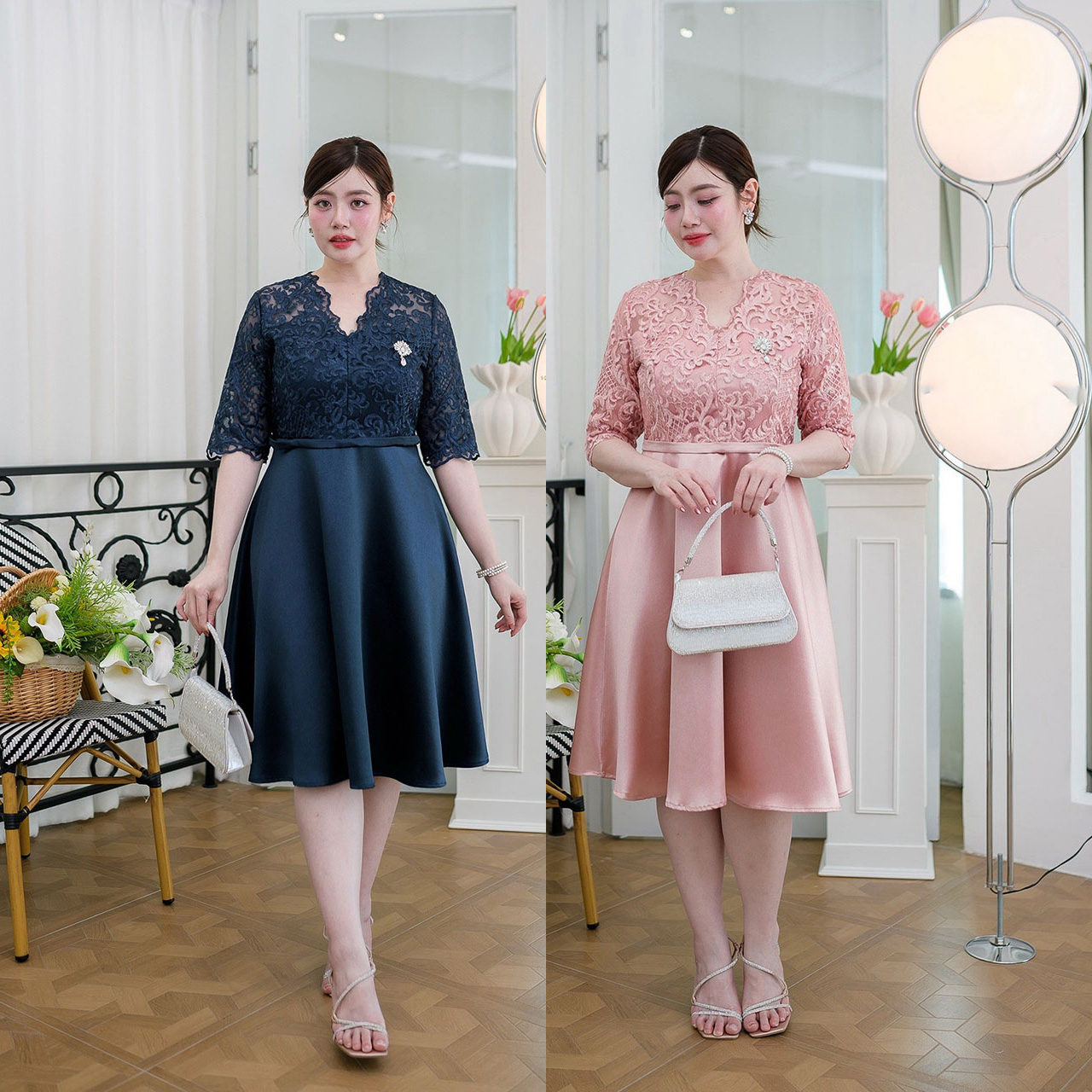 kudapy เดรสสั้นสีชมพูโรสโกลด์/สีกรม เดรสออกงาน ลูกไม้ช่วงตัวเสื้อเป็นงานปักสวยๆช่วงคอใช้เชิงผ้าแต่งเป็นคอวีสวย
