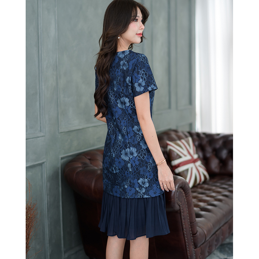 kudapy เดรสสั้นไปงานสีน้ำเงินกรมท่า,สีชมพูม่วง เดรสสั้นทรงระบาย แขนสั้น คอกลม เดรสลูกไม้ลายดอกงานซิบหลัง ผ้าสวยทิ้งตัว