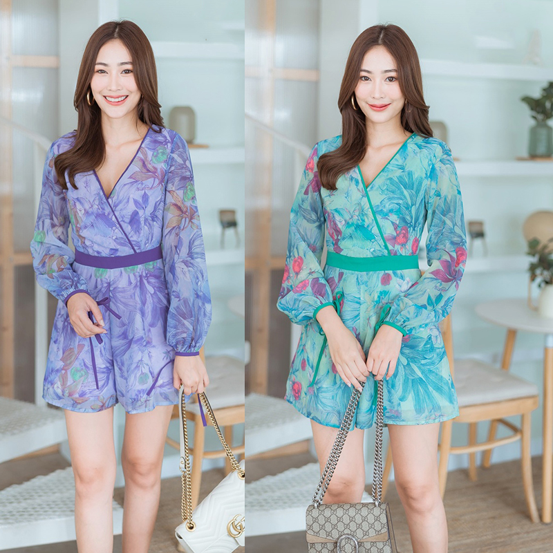 kudapy จั้มสูทขาสั้นสีดเขียว/ม่วง แขนยาวรัดเอวใส่สบายสวยดูดี คูณหนูมากๆ