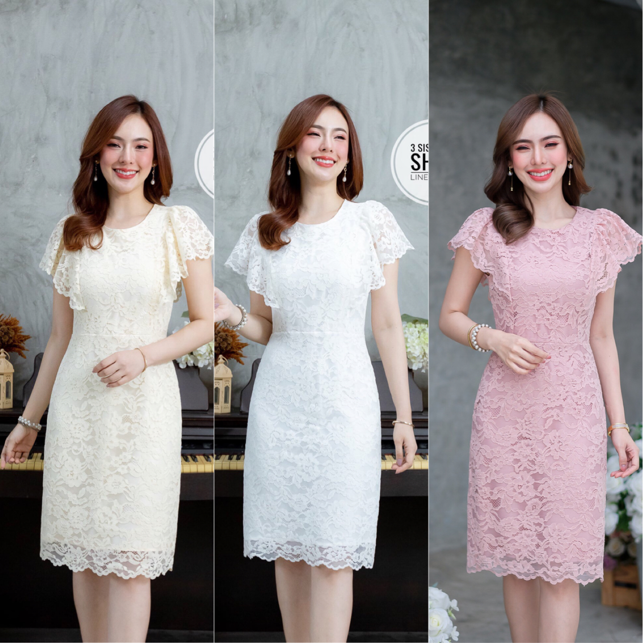 kudapy เดรสสั้นสีฟ้าคราม/สีครีม ลูกไม้แขนปีก สวยหวาน ลายลูกไม้สวย ใช้ผ้าลูกไม้อย่างดี ชุดนี้ใช้เชิงลูกไม้ทำระบายช่วงแขนและชายกระโปรง