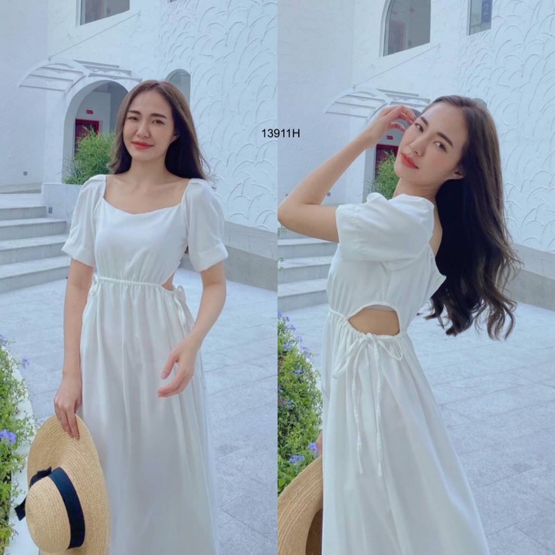 kudapy แม็กซี่เดรสยาวสีขาว,สีเขียว,สีเหลือง เจาะเอวด้านข้าง รูดปรับขนาดเอวเองได้ แขนจีบตุ๊กตา ซิปหลัง ผ้าซาร่าสีพื้น