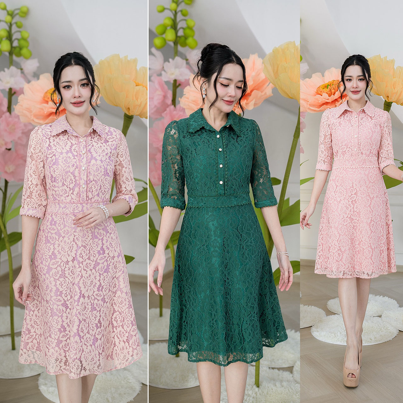 kudapy เดรสสไตล์เชิ้ต ใช้ผ้าลูกไม้ลายดอกไม้ มีซับในทั้งตัว ช่วงปกเสื้อ กระดุมด้าหน้า ขอบเอว ปลายแขนแต่งลูกไม้เพิ่มความหวาน