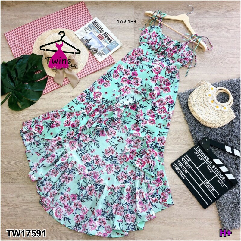 kudapy แม็กซี่เดรสสายเดี่ยวผูกไหล่ แต่งระบายบายแหวกหางปลา มีสายผูกโบว์หลัง ผ้าไหมอิตาลี่