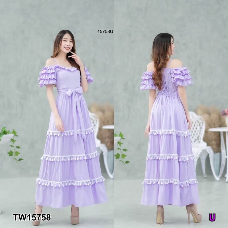 kudapy แม็กซี่เดรสสีชมพู ม่วง ม่วงอ่อน เขียว โอรสเข้ม สายเดี่ยวเว้าไหล่ แขน 2 ข้างระบายชั้น ผ้าไหมอิตาลี่ ระบายชั้นๆ