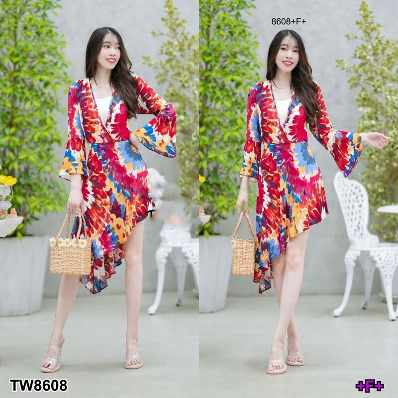 kudapy เดรสสั้น ชายเฉียงระบายชายหางปลาแบบจัดเต็ม ผ้าพริ้ว แขนยาวปลายแขนระบาย