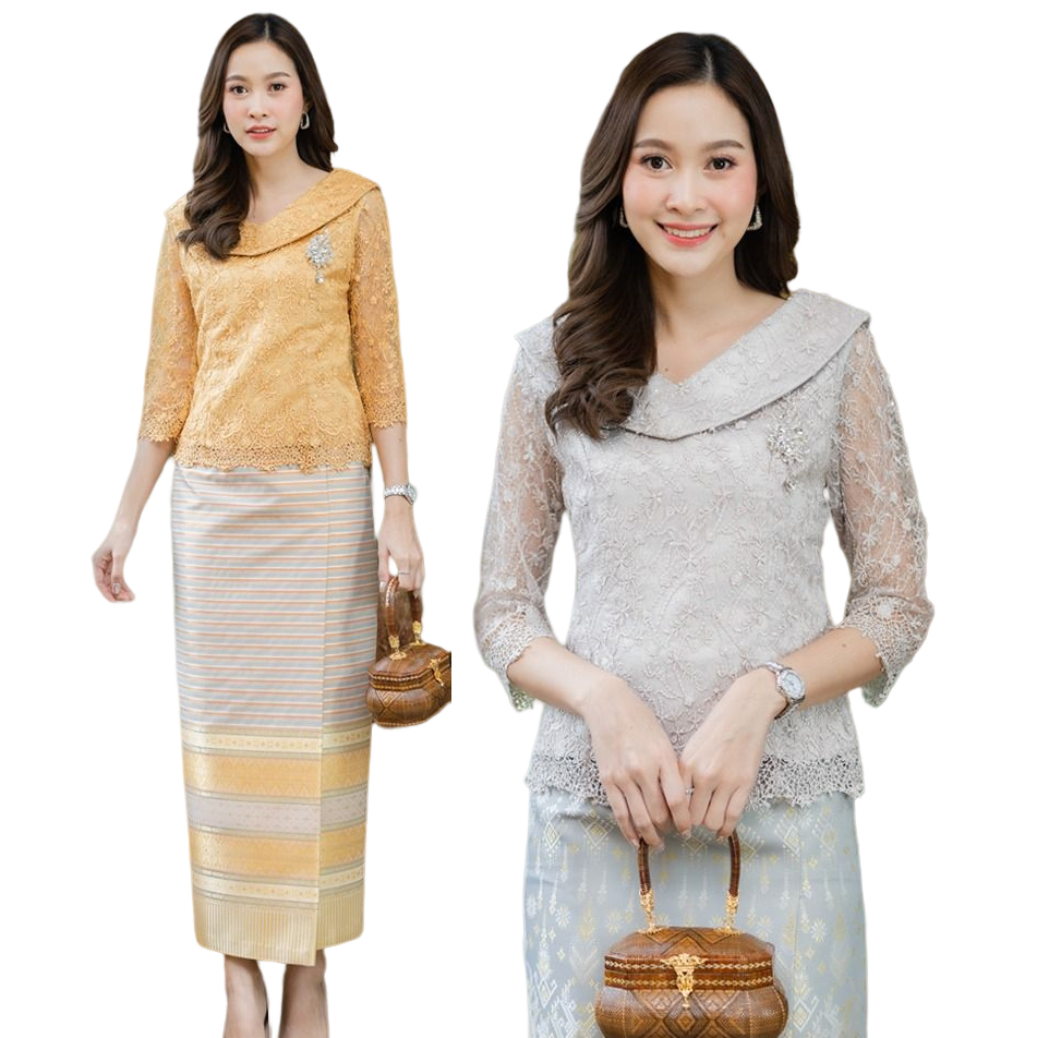 kudapy เสื้อลูกไม้สีเทา/สีทอง คอปาดกว้าง แขนยาวสามส่วน ไหหล่เย็บแต่งสามมิติ เอวเก็บทรงสวยมากค่ะ (เฉพาะเสื้อนะคะ)