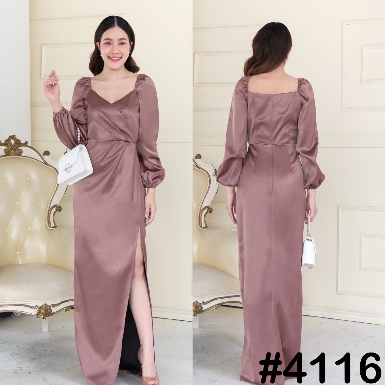 kudapy เดรสยาวสีโรสโกล/สีชมพู/สีน้ำตาล/สีเขียว แขนยาว จับจีบอกทิวลิป จีบเอวพรางหน้าท้อง บ่าและปลายแขนสม็อคยืดได้ แขนจั้มได