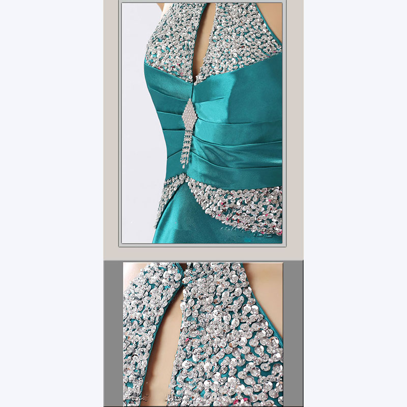 kudapy ชุดราตรียาวสีน้ำเงิน/เขียวมรกต คล้องคอ ปักเลื่อมเน้นช่วงเอว และปกคอจีน