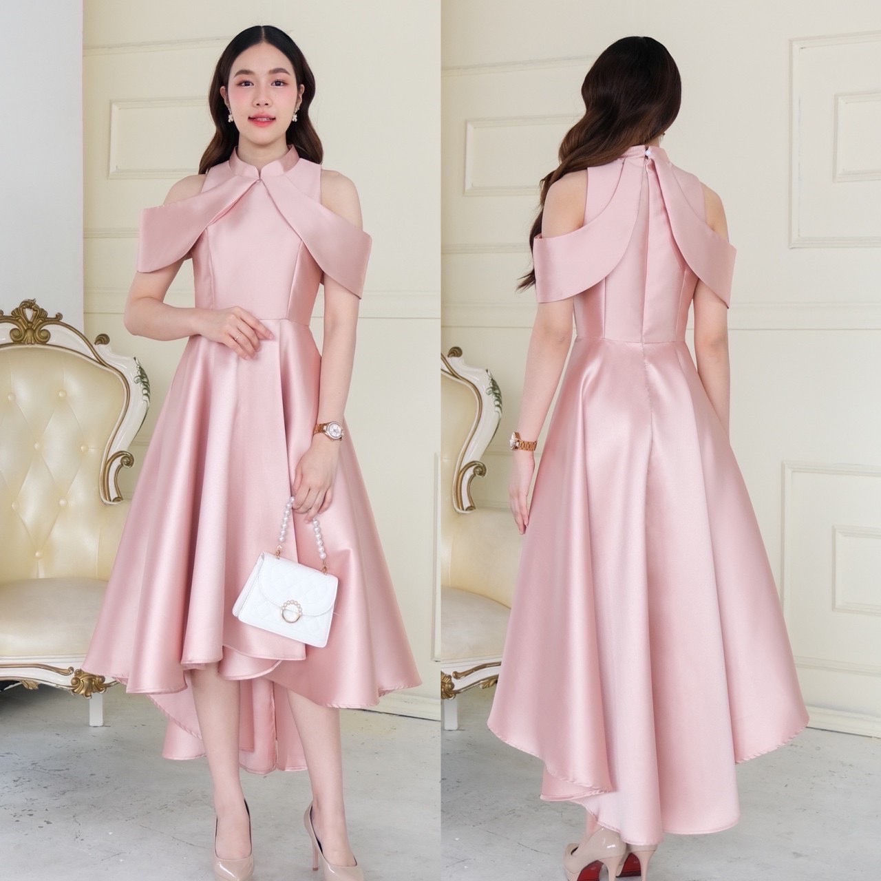 kudapy เดรสหน้าสั้นหลังยาวสีทอง/สีขาว/สีโรสโกล/สีแดง คอจีนสุดชิค ดีเทลป้ายไขว้พรางต้นแขน ซิปหลัง กระดุมหลังคอ กระโปรงทรงหน้าสั้นหลังยาว