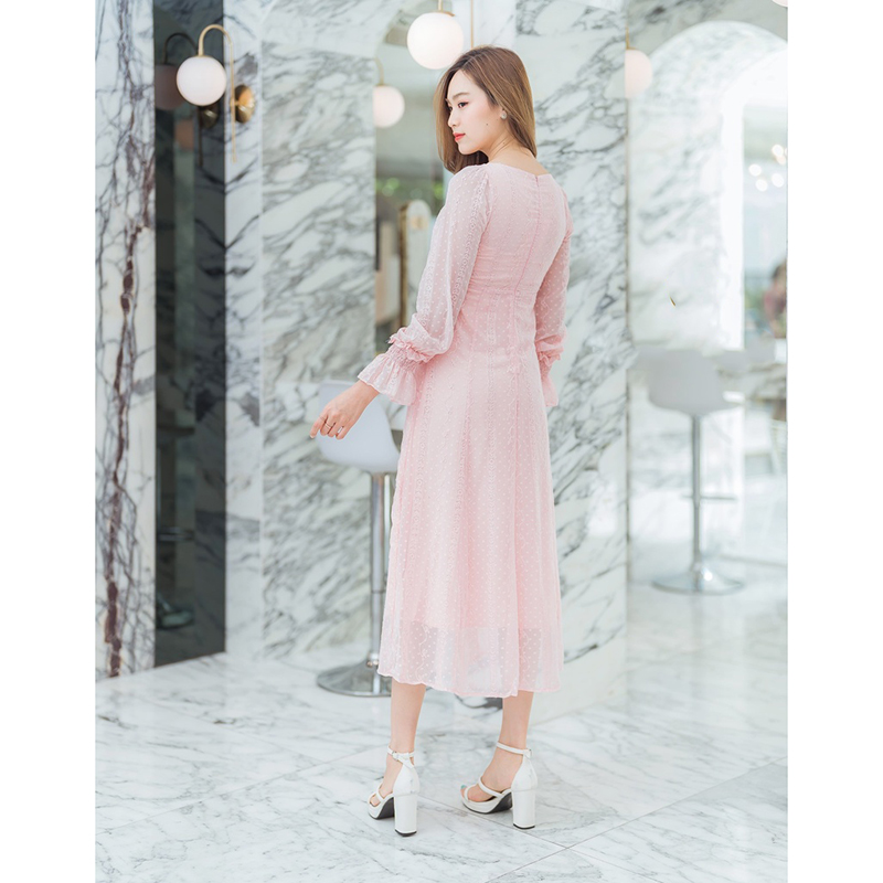 kudapy เดรสยาวสีกรม/สีขาว/สีชมพู แขนยาวลูกไม้ซีทรู สวยดูดีใส่สบายตัว