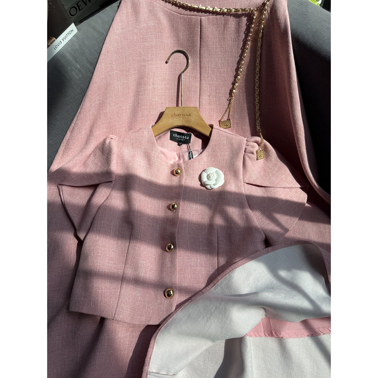 kudapy เซ็ทเสื้อแขนตุ้กตา เสื้อ กระโปรงเอวสูง เข็มกลัดดอกไม้ เข็มขัดโซ่