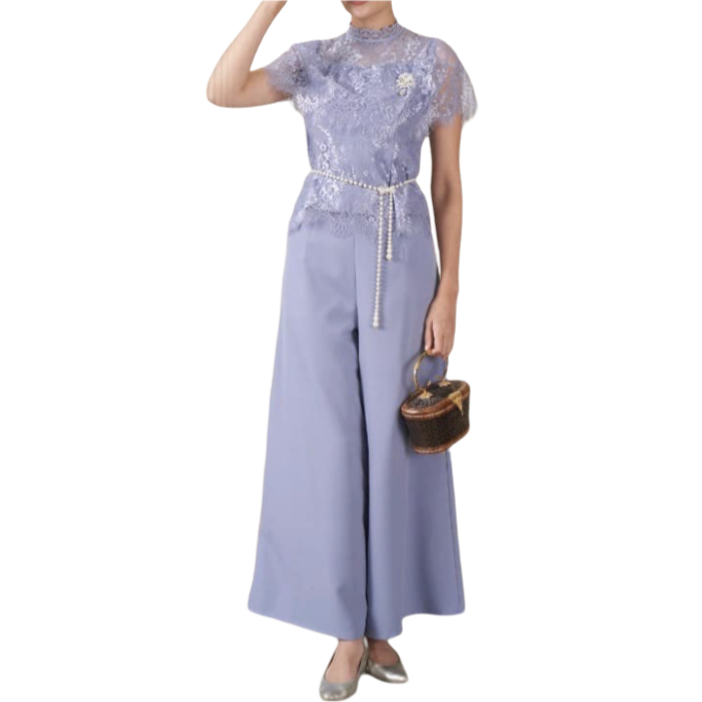 kudapy เซท 2ชิ้น เสื้อลูกไม้+กางเกงขายาว สีขาว/สีชมพู/สีฟ้า/สีทอง แต่งระบายอก