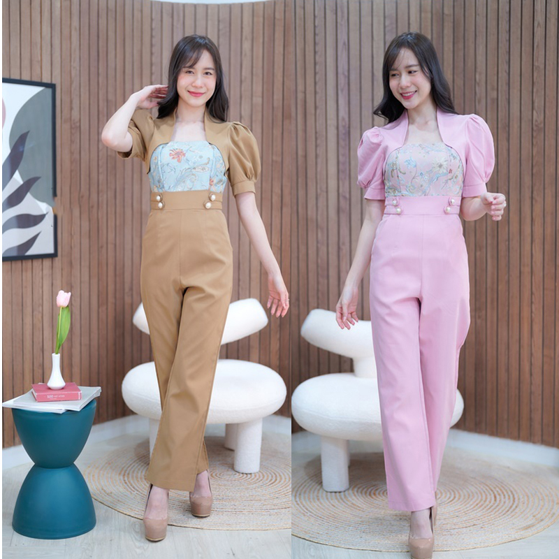 kudapy จั๊มสูทขายาวสีชมพู/สีน้ำตาล อกผ้าทอสวยดูดีใส่ออกงานน่ารักมากๆ