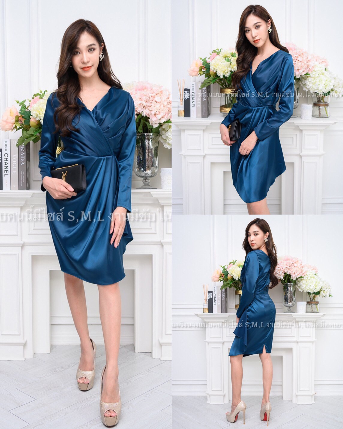 kudapy เดรสสั้นคอวีป้าย สีแดง, เขียว ,เทาเงิน เดรสสั้น แขนยาว ระบาย กปสั้น ผ้าซาติน