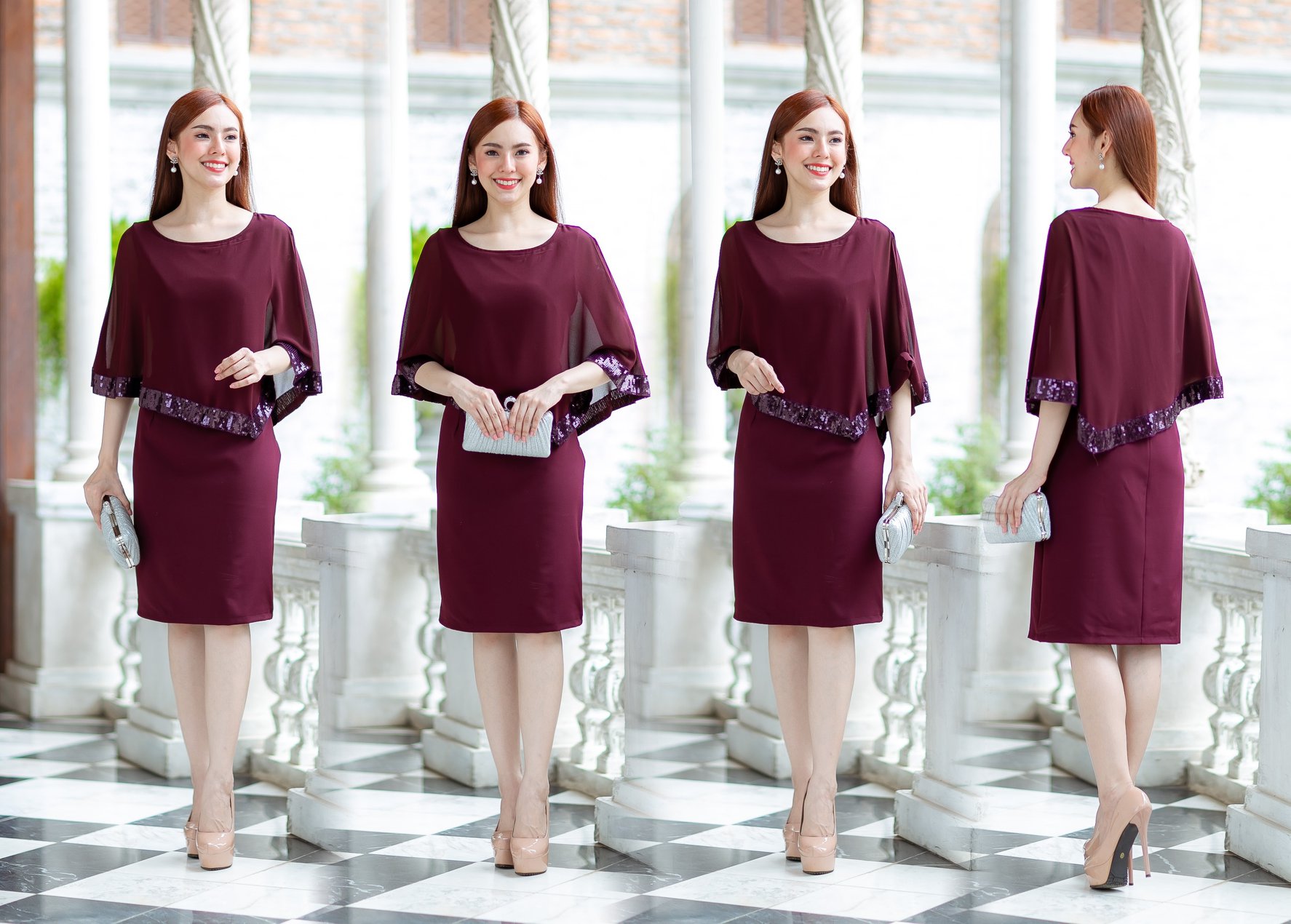 kudapy เดรสสั้นไปงานสีแดงเลือดหมู คอกลม ช่วงบนเย็บติดผ้าคลุมรอบตัว พิมพ์ลายตามขอบชุด ทรงสวยตามแบบค่ะ